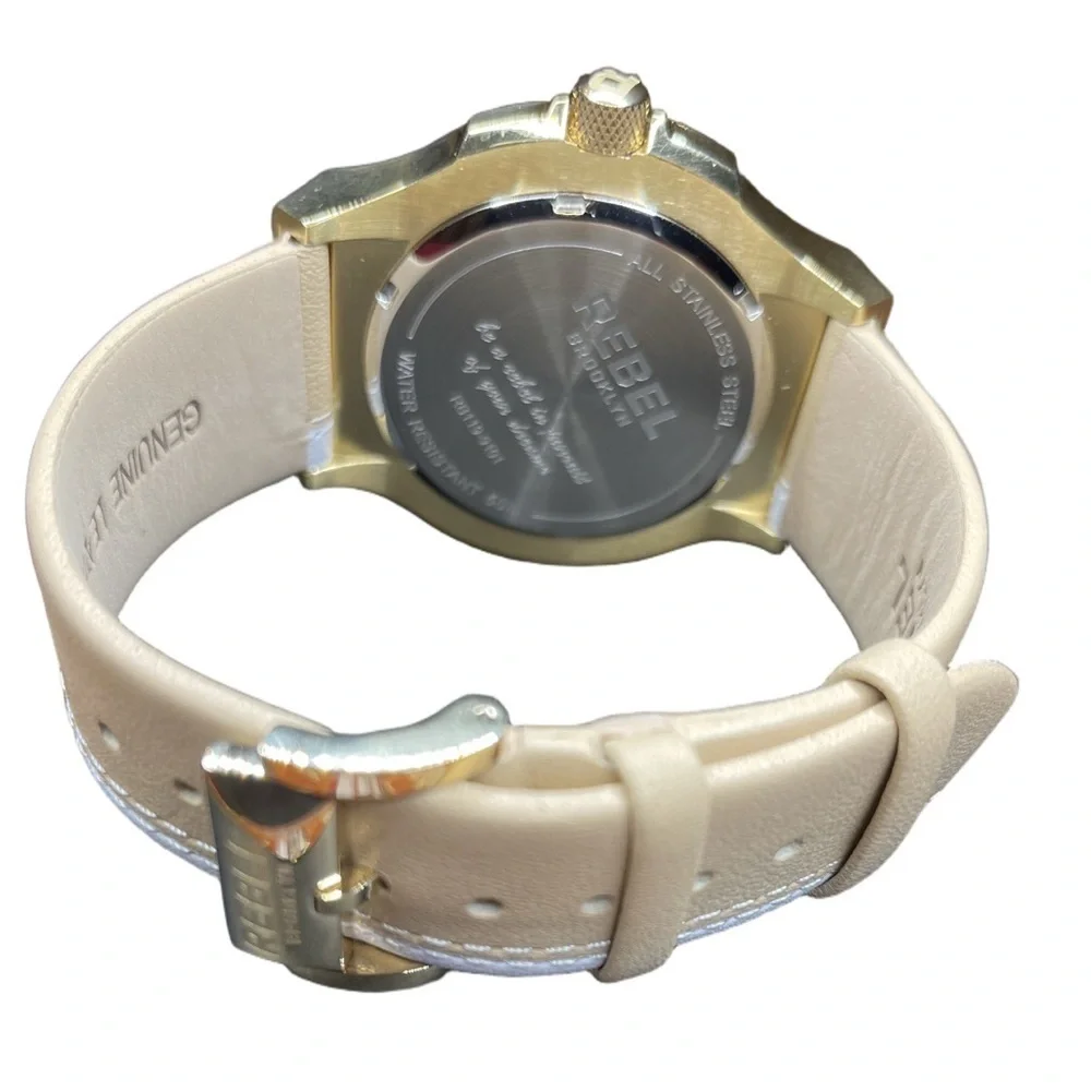 Rebel Women's RB119-9101 Flatbush Gold IP White/Gold Leather Wristwatch